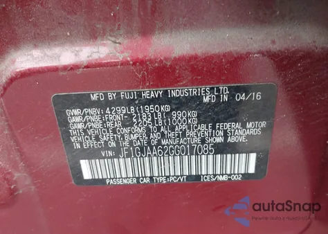 2016 Subaru Impreza 2.0I z USA, uszkodzony, nr VIN JF1GJAA62GG017085